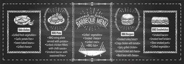 Schoolbord barbecue menu template - steaks, hamburgers, sandwiches, bijgerechten — Stockvector