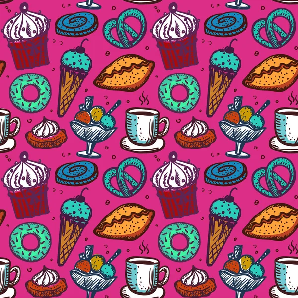 Pastry sweets seamless pattern, hand drawn sketch food symbols — 图库矢量图片