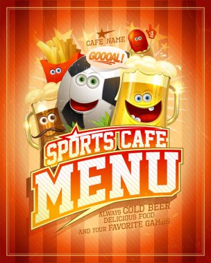 Futbol topu ve komik yemek kişilikleriyle spor kafe kapağı tasarımı