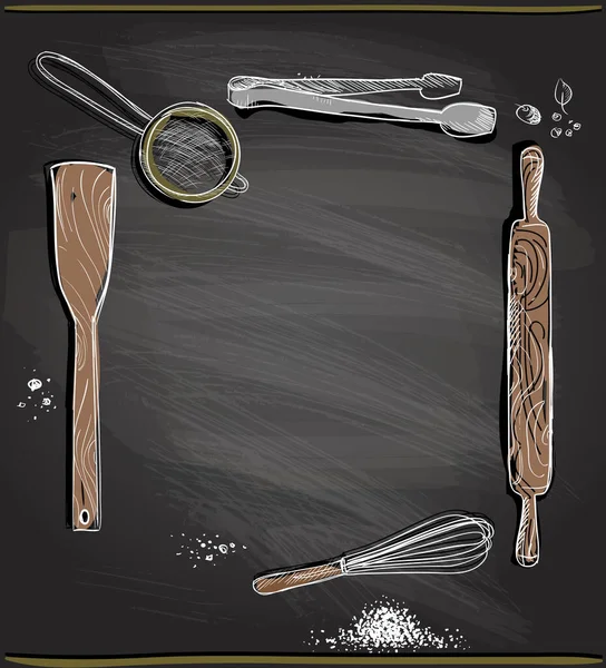 Fondo de pizarra con utensilios de cocina como marco — Vector de stock