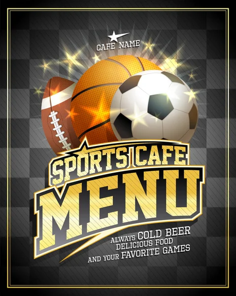 Modelo de design de cartão de menu de café esportivo com bolas de futebol, basquete e rugby — Vetor de Stock