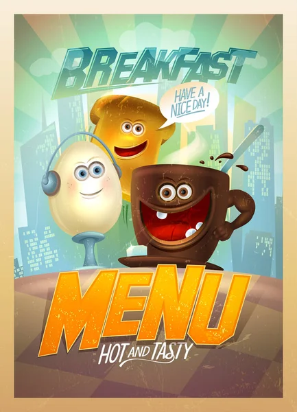 Old style breakfast menu card design template with funny food personages — Stok Vektör