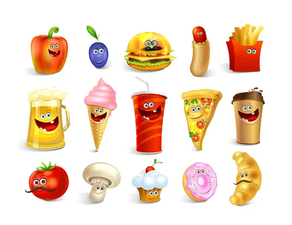 Conjunto de ícones de comida de desenhos animados engraçados doces, bebidas e caracteres de fast food —  Vetores de Stock