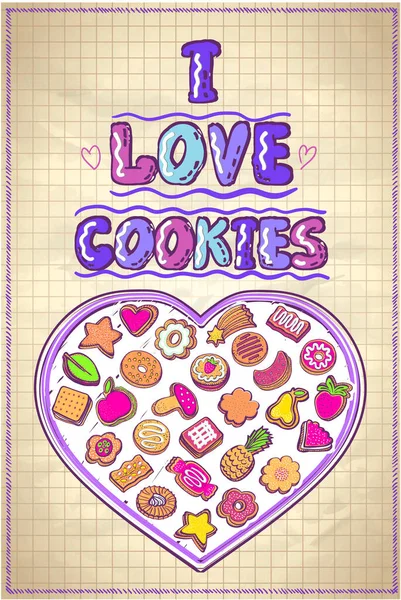 Me encantan las galletas cartel, ilustración dibujada a mano con caja de galletas en forma de corazón — Vector de stock
