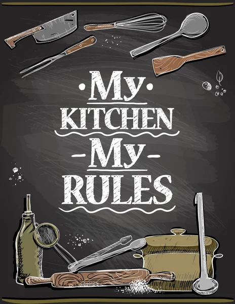 Quote card - my kitchen, my rules, vector lettering illustration on a chalkboard — ストックベクタ