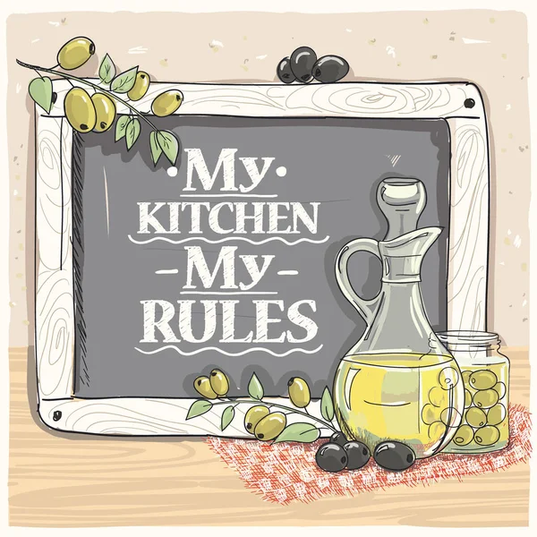 Minha cozinha, minhas regras, ilustração de cartão de citação vetorial em um quadro —  Vetores de Stock