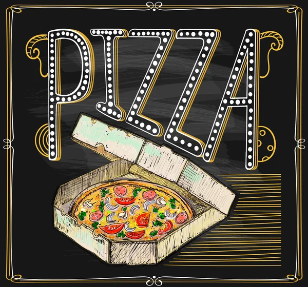 黒板にピザのグラフィックとレタリング — ストックベクタ
