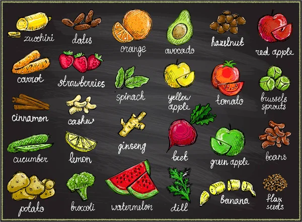 Conjunto gráfico de frutas y verduras crudas en una pizarra, ilustración de boceto dibujado a mano — Vector de stock