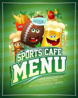 Rugby topu ve komik yemek kişiliği olan spor kafe kapağı tasarımı