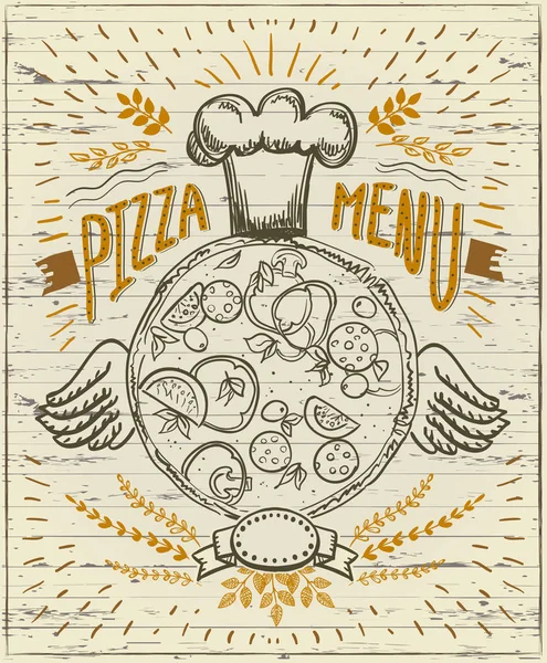 Tablero de menú de pizza, pizza grande con sombrero de chef y alas, fondo de madera — Vector de stock