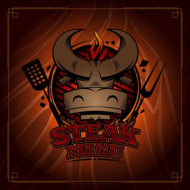 Sığır başı sembollü biftek menüsü tasarımı kavramı ang ızgarası