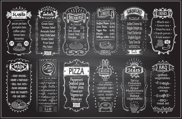 Menu Giz Quadro Negro Doces Saladas Café Manhã Entradas Bebidas — Vetor de Stock