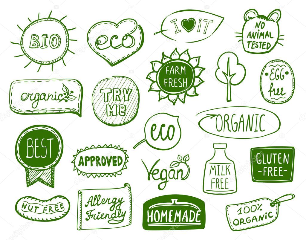 Set of doodle hand drawn eco symbols - bio, eco, organic, vegan, milk free, nut free, approved, homemade, egg free, best product, allergy friendly, try me, farm fresh, no animal tested