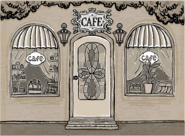 Sokak kafesi çizimi, grafik çizimi, eski tarz, klasik renkler