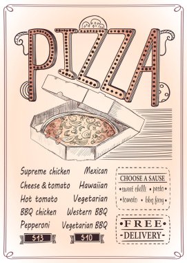 Pizza menüsü listesi, elle çizilmiş vektör grafik çizimi