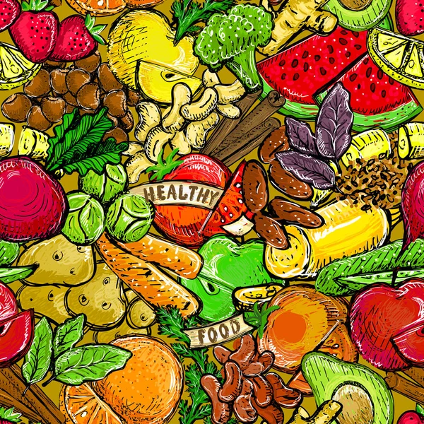 Fruits Vegetables Vector Seamless Pattern Hand Drawn Vegan Sketch Background — Stock Vector