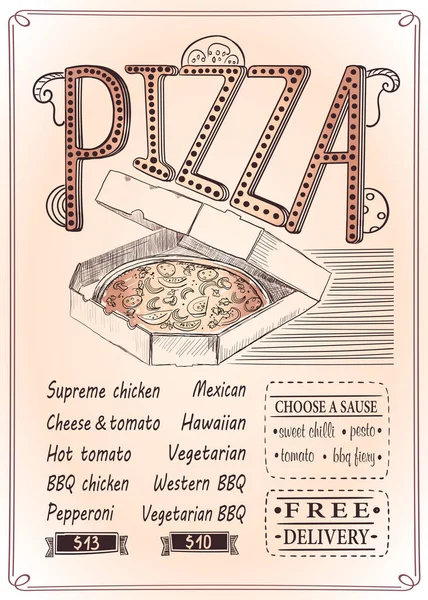 Lista Menús Pizza Ilustración Gráfica Vectorial Dibujada Mano — Vector de stock