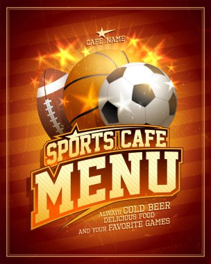 Futbol, basketbol, rugby topları ve parlak yıldız unsurlarıyla spor kafe kart tasarımı