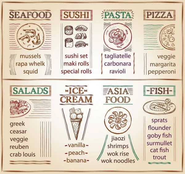 Cafe Speisekarte Mit Meeresfrüchten Sushi Pasta Pizza Salaten Eis Asiatischen — Stockvektor
