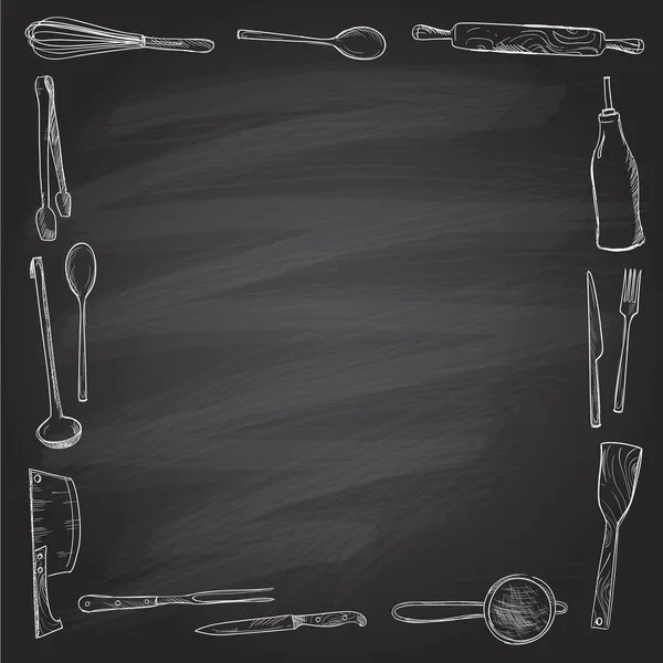 Graphic Kitchen Utensils Frame Chalkboard Background Empty Space Text — Stock Vector