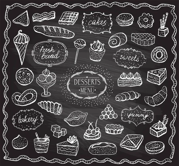 粉笔甜点和烘焙商品图形集 涂鸦风格手绘插图在黑板上 — 图库矢量图片