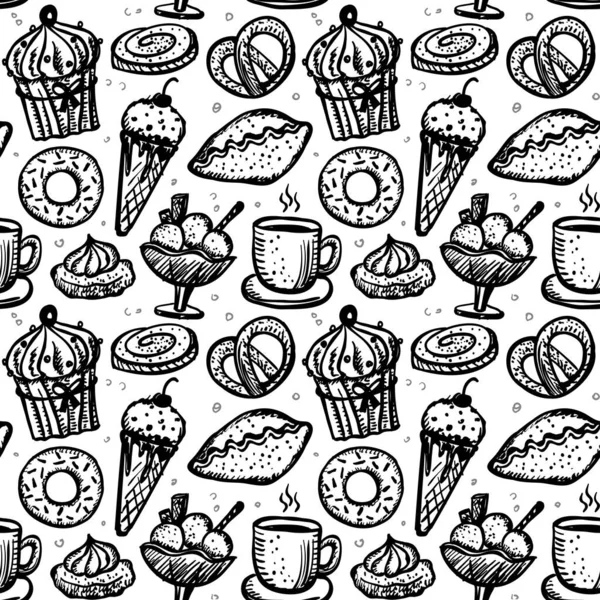 Bonbons Pâtissiers Motif Sans Couture Croquis Dessiné Main Mignon Symboles — Image vectorielle