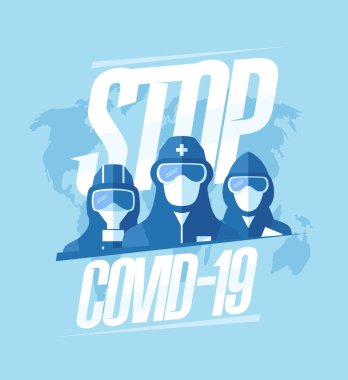 Bilim adamlarının, cankurtaranların, doktorların, inşaatçıların, koruyucu giysiler ve maskeler giymiş iş adamlarının olduğu dünya haritasının olduğu Coperid-19 taşıyıcı posterini durdurun.