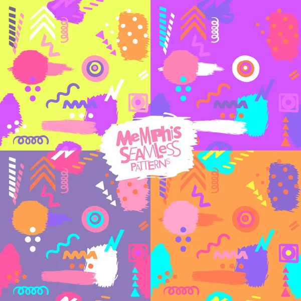 Memphis Style Seamless Patterns Collection Vibrant Vector Backgrounds Set — Stock Vector
