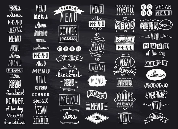 Chalk Menu Headlines Handschrift Letters Grafische Set Een Schoolbord Vintage — Stockvector