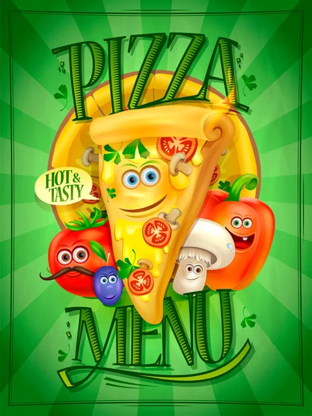 Pizza Menu Cover Kreslenými Postavičkami Pizza Plátek Zelenina Dětské Menu — Stockový vektor