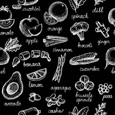 Sebze, fındık ve yeşillik elle çizilmiş karatahta deseni