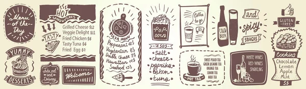 Menyuppsättning Desserter Smörgåsar Dagens Meny Popcorn Drycker Doodle Stil Vektor — Stock vektor
