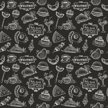 Kahvaltı, dikişsiz karatahta deseni, el çizimi gıda sembolleri, klasik tarz.