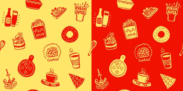 ファーストフードシームレスなパターンセット ドアスタイルの手描きの食品シンボル ドーナツ ポップコーン フレッシュジュース ケーキ ビール クッキー サンドイッチシンボル — ストックベクタ