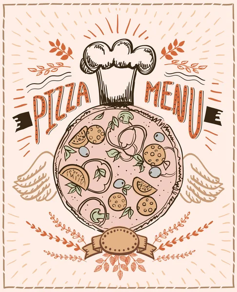 艺术设计比萨饼菜单 大香肠比萨饼作为厨师配上翅膀 手绘图解 涂鸦风格 — 图库矢量图片