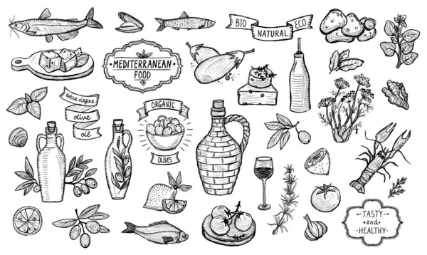 Mediterrane Traditionele Voedsel Collectie Grafische Vector Illustratie Europese Voedselingrediënten Olijfolie — Stockvector