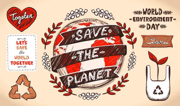 Salva Pianeta Elementi Carte Giorno Ambiente Mondiale Riciclare Set Segni — Vettoriale Stock