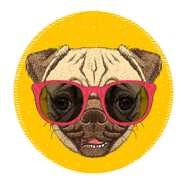 Mops Hund Und Zuckerbrille Emblem Frontansicht Porträt Handgezeichnete Vektorillustration — Stockvektor