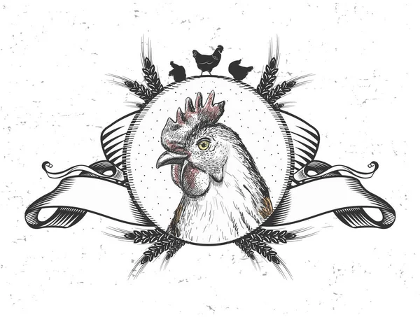 Hen Logo Embleem Ontwerp Handelssymbool Met Vogelkop Cirkel Vintage Stijl — Stockvector