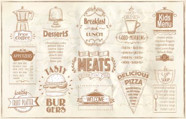 Eski gazete tarzı menü listesi - kahvaltı ve öğle yemeği, fast food ve pizza, et menüsü, hamburger, aperatif, meyve tabağı, tatlı, içecek ve çocuk menüsü