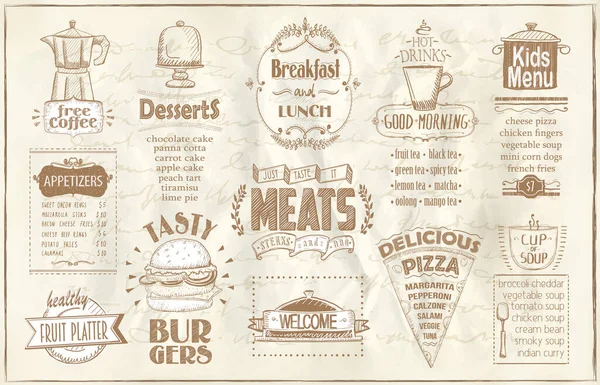 旧报纸风格的菜单列表 早餐和午餐 快餐和披萨 肉类菜单 汉堡包 开胃菜 水果盘 饮料和儿童菜单 — 图库矢量图片