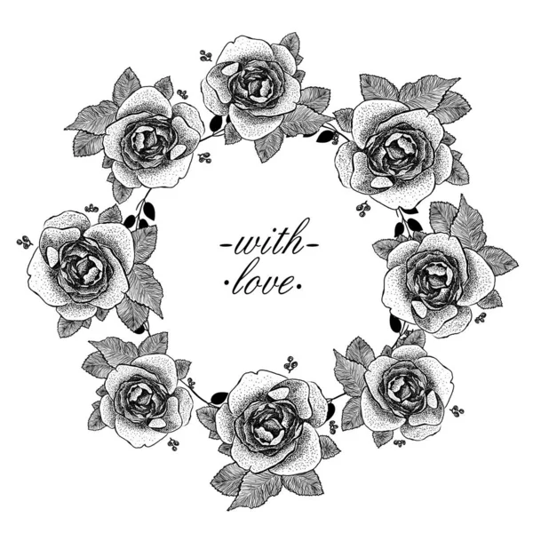 精美的图形圆形框架与玫瑰 爱情和婚礼的主题 用爱情引证黑白手绘矢量图解 — 图库矢量图片