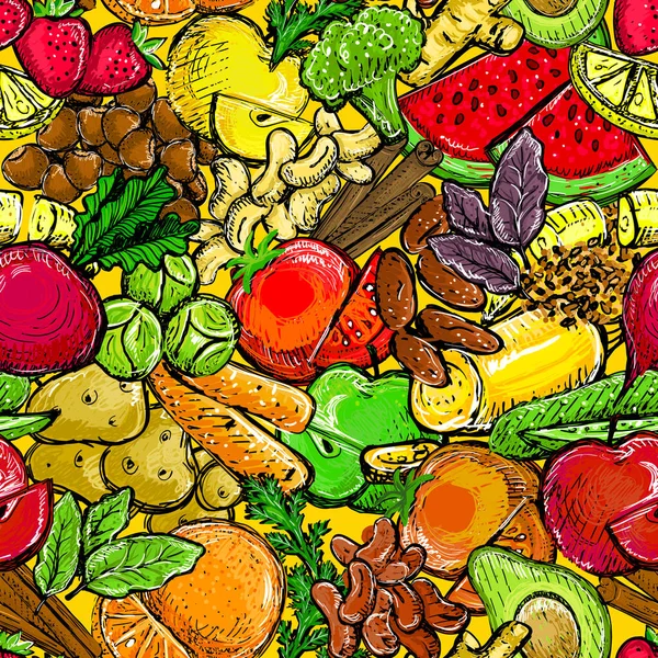 Frukt Och Grönsaker Grafiskt Sömlöst Mönster Handritade Hälsosam Mat Skiss — Stock vektor