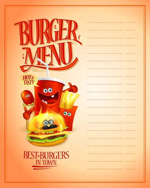 汉堡菜单设计 卡通人物插图 汉堡包 薯条和苏打水饮料 空的文字空间 — 图库矢量图片