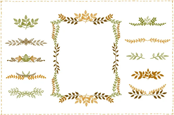 图形线条秋季植物框架和分隔符集 复古风格 — 图库矢量图片