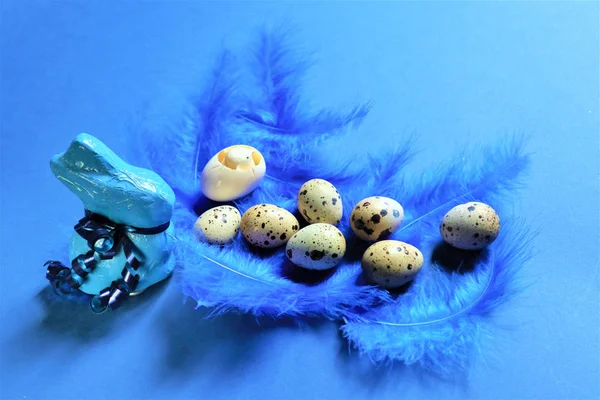 Conceito de Páscoa. Ovos de codorna e coelho azul em penas de pássaro azul — Fotografia de Stock