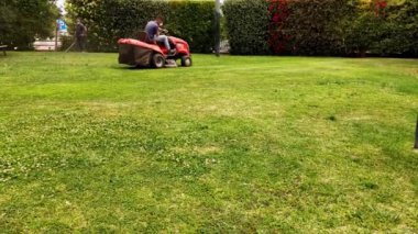Maskeli çim biçme makineleri çimenleri çimenli yeşil çimenleri kesiyor. Endüstriyel çim biçme makinesinde maske takan ve parkta çim biçen bir işçi.