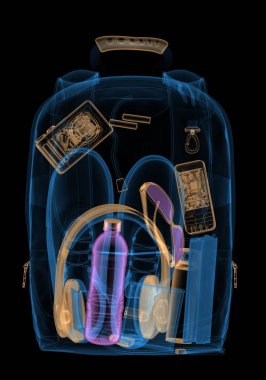 Güvenlik denetimi backpacking xray altında. 3D çizim.