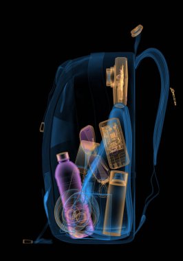 Güvenlik denetimi backpacking xray altında. 3D çizim.