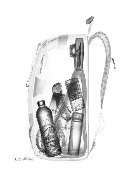 Backpacking under xray på säkerhetskontrollen. 3D illustration. — Stockfoto